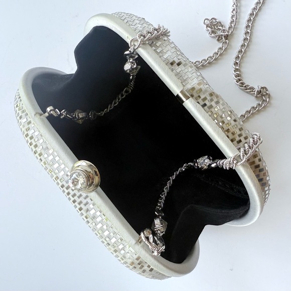 Vintage St. John Silver Satin Sequin Paillette Convertible Clutch Evening Bag